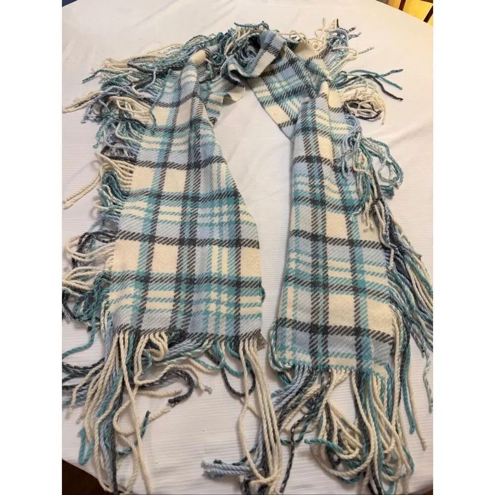 Banana Republic Lambswool Blue Vintage Plaid Fringe Scarf